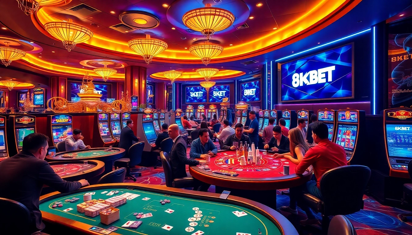 Engaged players enjoying a dynamic online gaming experience with 8KBET at a luxurious casino setup.