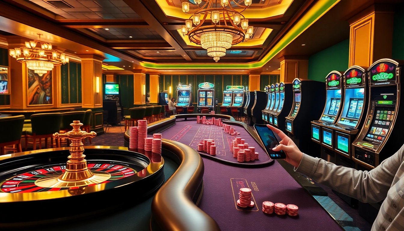 Experience luxury gaming with SKY88US, featuring vibrant poker chips and roulette wheels in a modern casino.