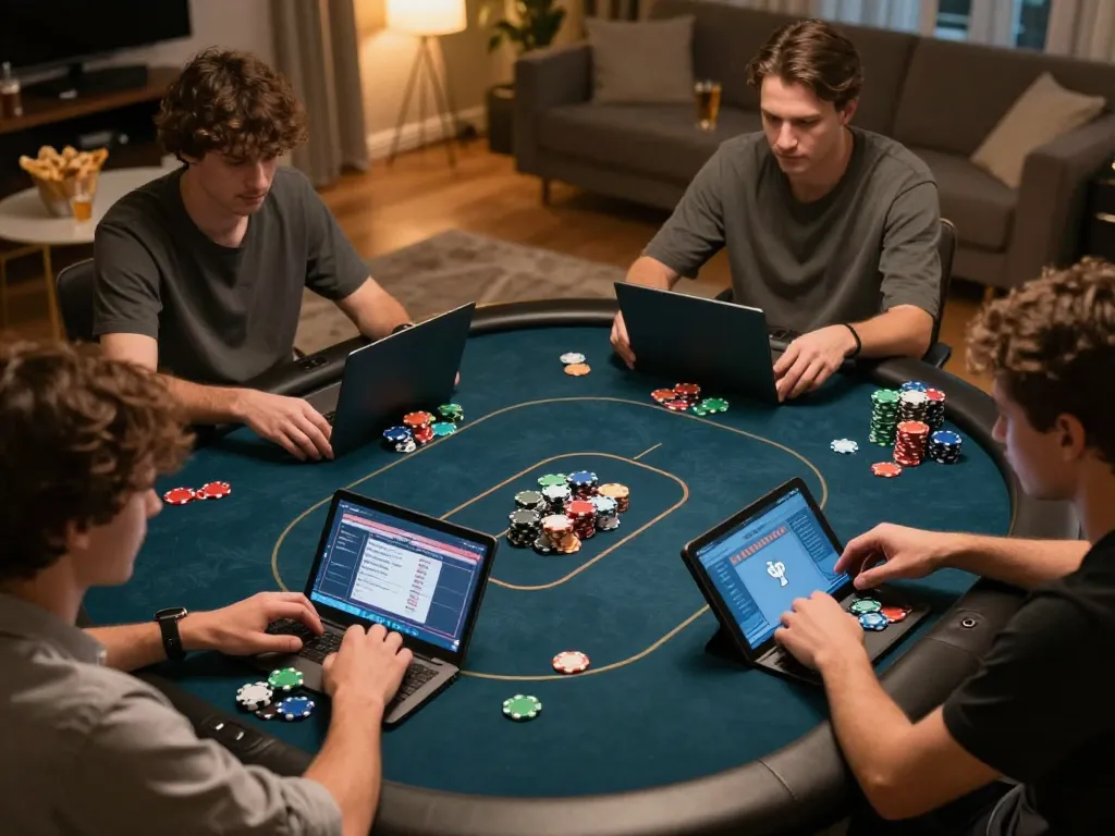 Experience poker gaming with bet168 in a lively home setting featuring engaging players and colorful chips.