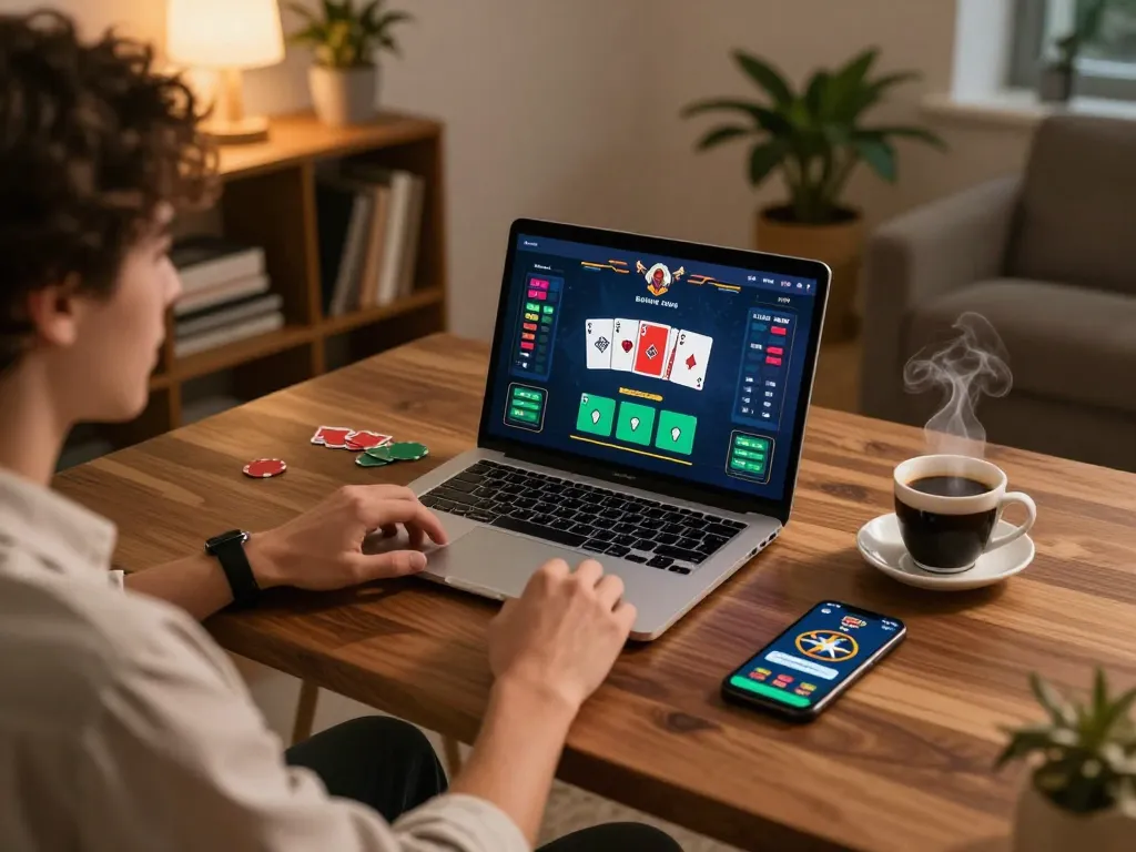 Person enjoying online poker on 11win2 platform, showcasing strategic gameplay and a cozy home setting.
