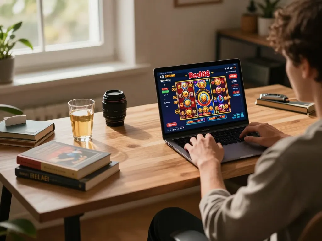 Engaging in Red88 online gaming session with vibrant graphics and cozy atmosphere.