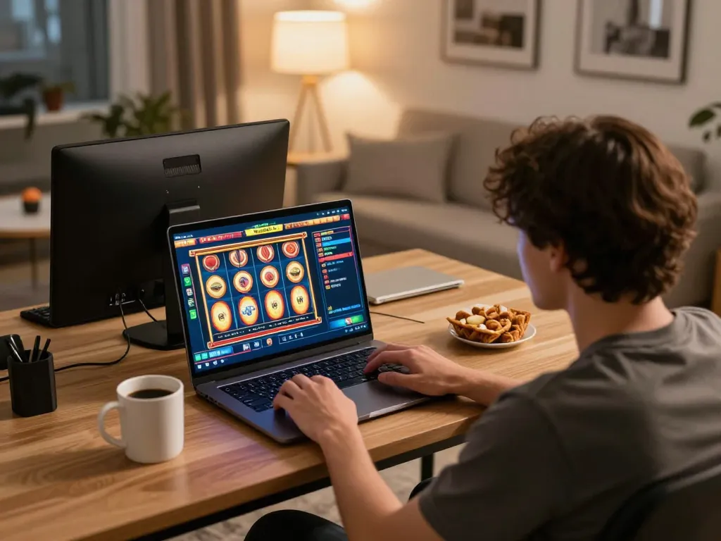 Miso88 player enjoying an online casino game in a cozy home setup with engaging visuals on screen