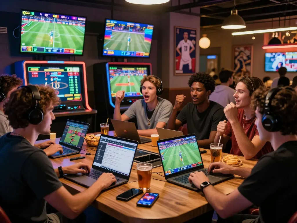 Interactive betting experience at Website Topbet, showcasing diverse bettors enjoying sports events in an engaging casino atmosphere.