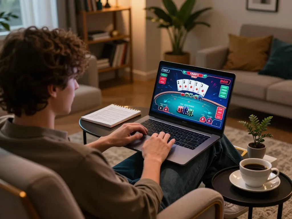 Engaging with FABET LIVE poker game on a laptop in a cozy home setting, showcasing strategic gameplay.