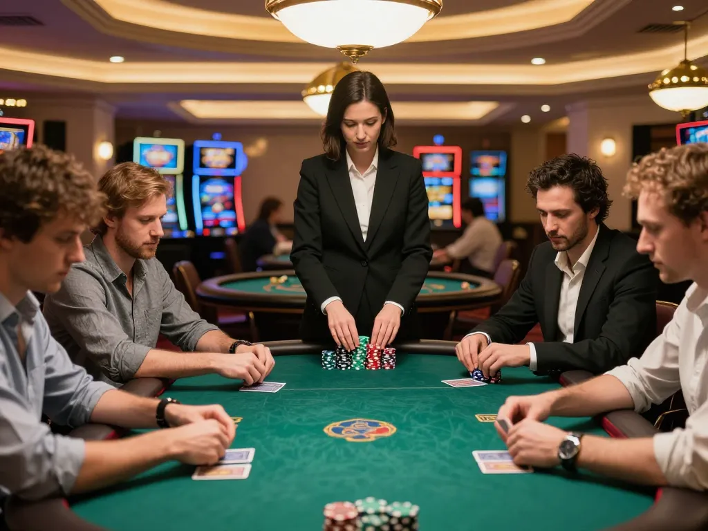 Players enjoying intense poker action at a deluxe casino table, showcasing b52club experience with strategic gameplay and focused expressions