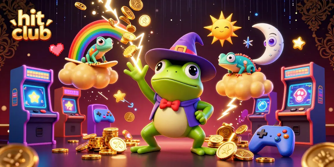 Experience winning fun at hit club with golden coins and vibrant gaming elements.
