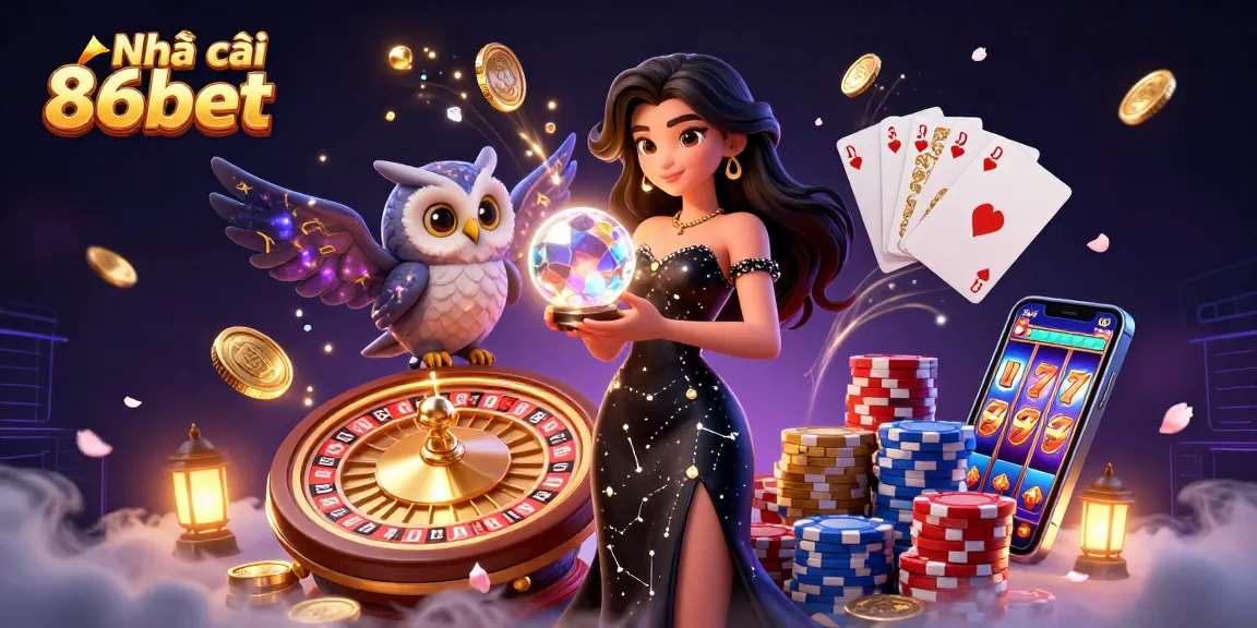 Experience exciting gambling with Nhà cái 86bet, featuring stunning visuals of casino elements and characters.