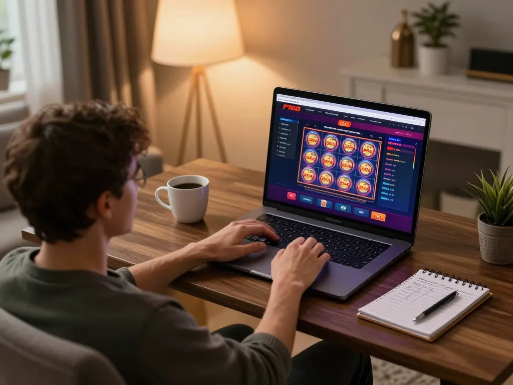 Person engaging in online casino gaming on F168 platform, showing vibrant slot game
