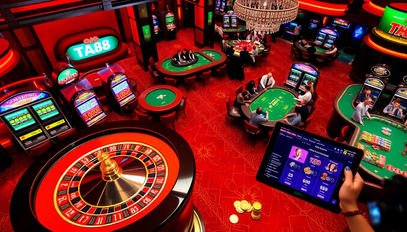 Players enjoying intense action at TA88's casino tables, featuring vibrant slot machines and roulette.