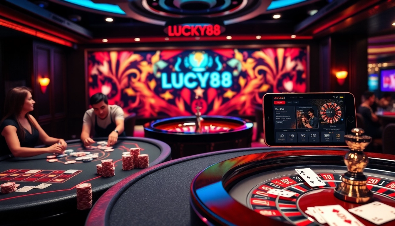 LUCKY88 casino scene with players at poker tables and a spinning roulette wheel.