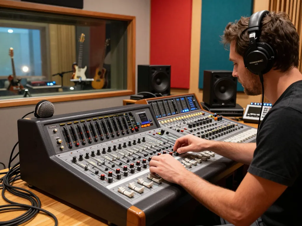 Tascam DA 88 recording studio with audio engineer adjusting sound levels, vibrant atmosphere.