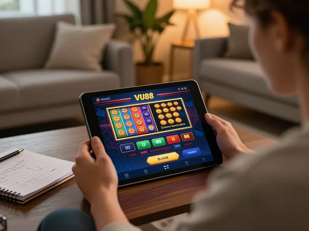 Player engaging with VU88 casino app on a tablet, showcasing online gambling experience in cozy setting.