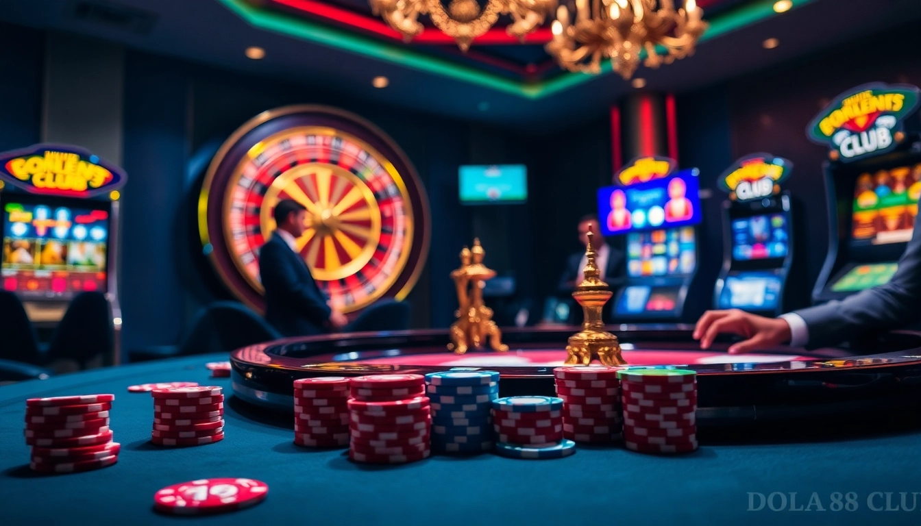 DOLA88 CLUB offers an exhilarating poker game scene, highlighting action with chips and cards.