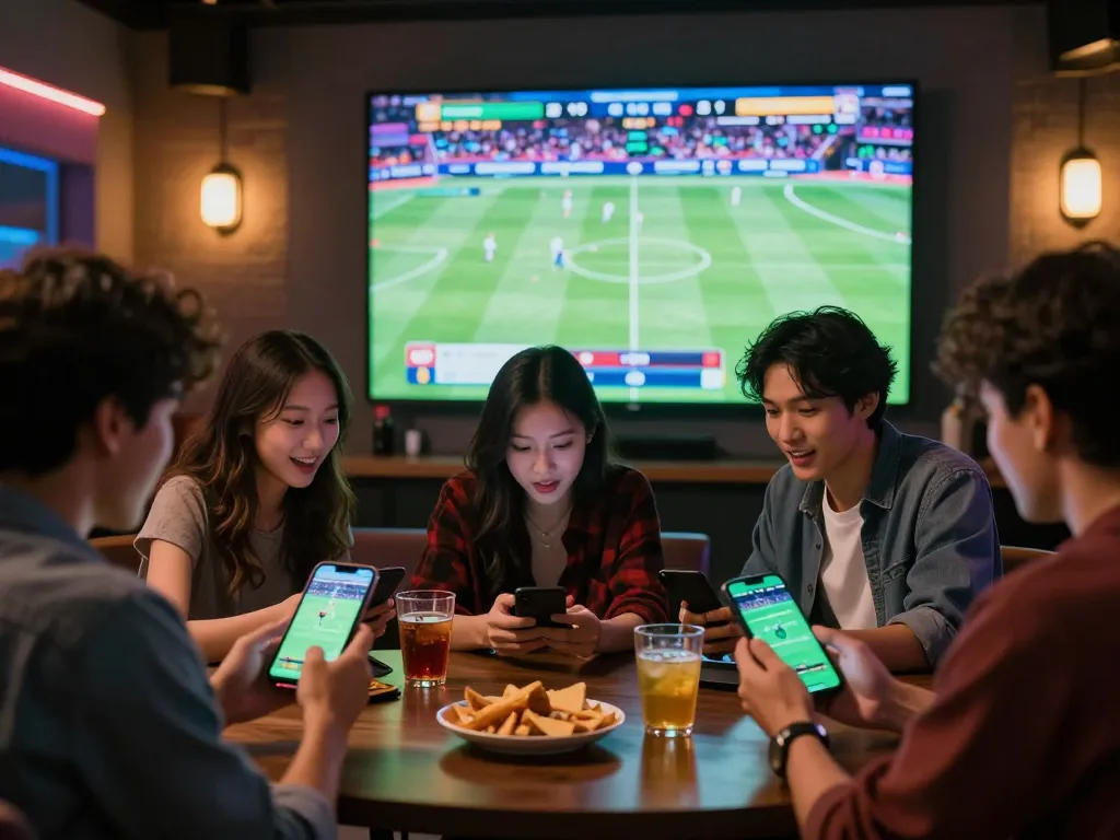 Friends engaging in sports betting on smartphones, enjoying the excitement of five888 sports events.