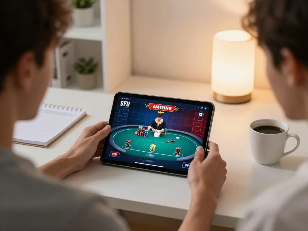 Player enjoying five88 online poker, immersed in strategic gameplay with tablet and notes