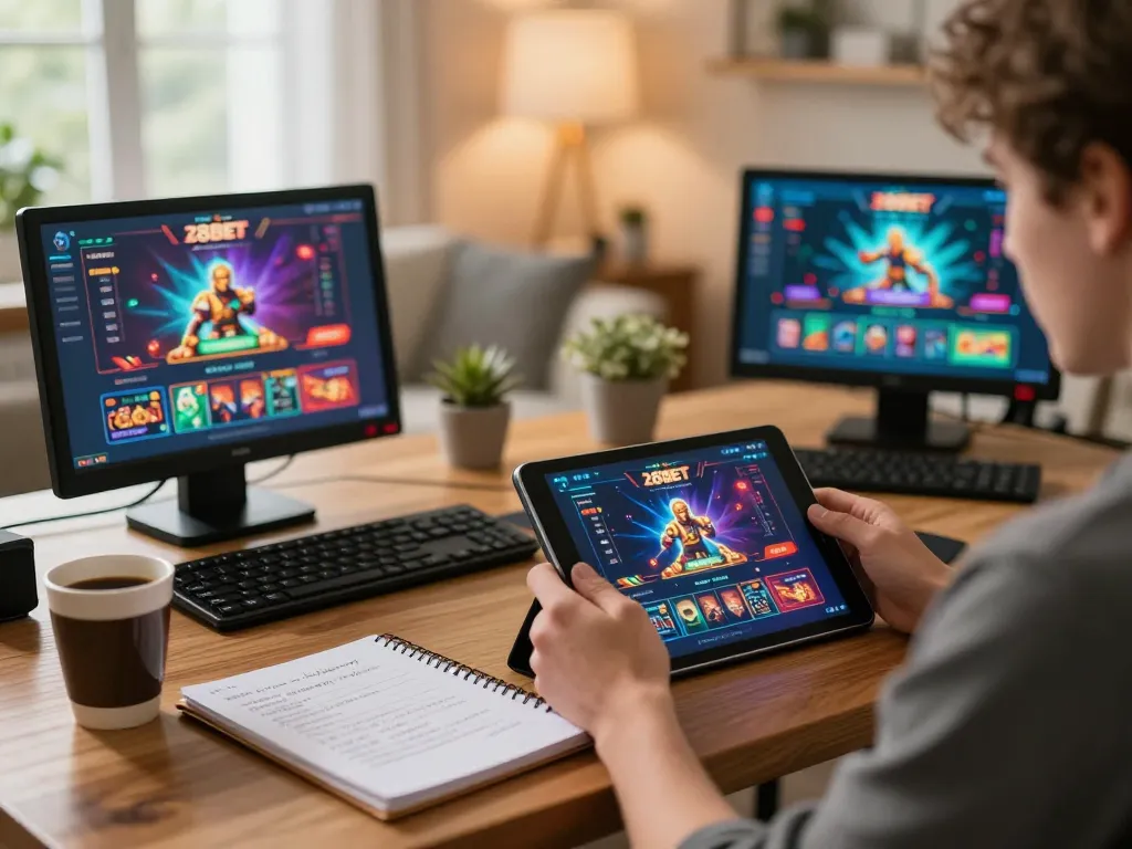 Engaging in online casino gaming with 28BET on a tablet, highlighting strategic notes and cozy atmosphere.