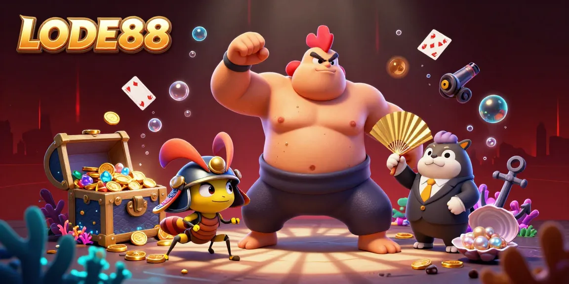 Experience immersive gameplay with LODE88, featuring a dynamic sumo wrestler, samurai cricket, and announcer in a vibrant casino scene.