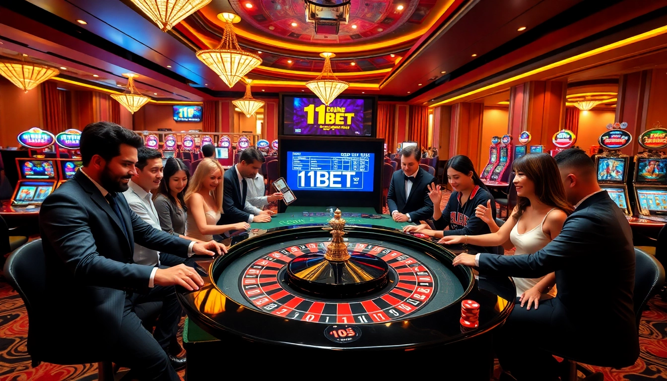 Players enjoying high-stakes gambling at 11BET's luxury casino, featuring roulette and vibrant slot machines.
