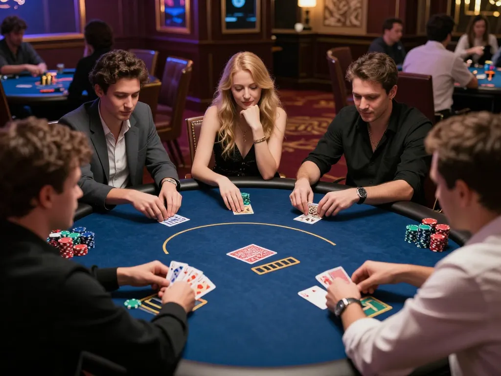 Engaged players strategizing at a high-stakes poker table in 13win casino, showcasing gameplay intensity