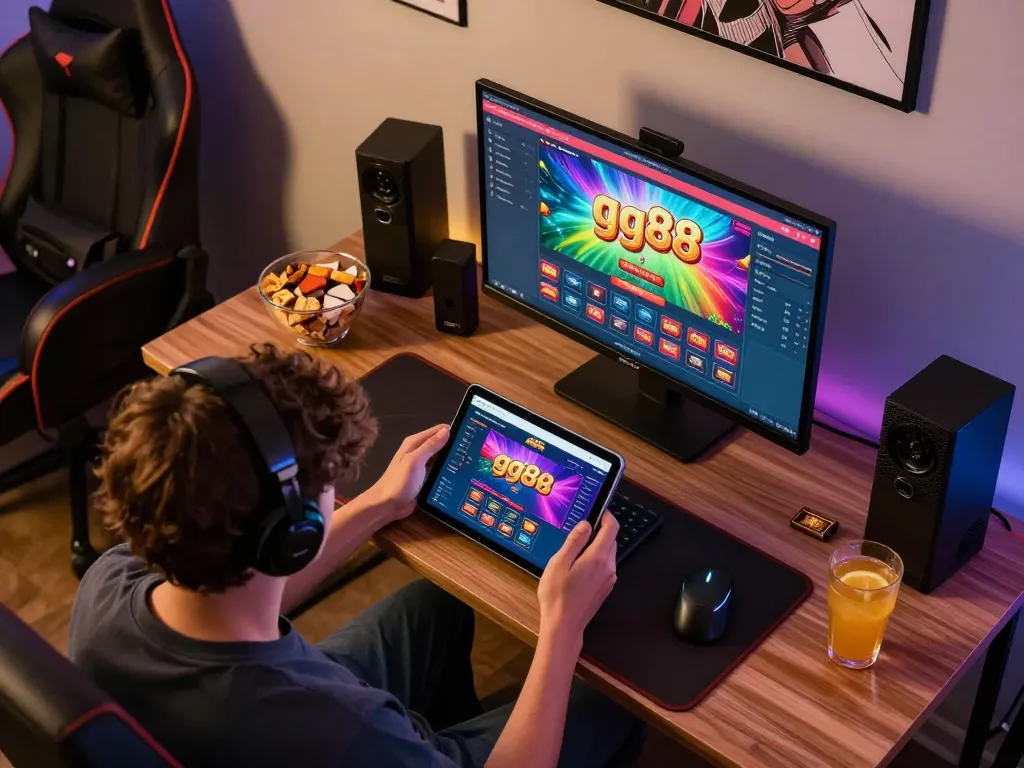 A person enjoys online casino gaming on gg88 app, showcasing an engaging home gaming setup with snacks and tablet.