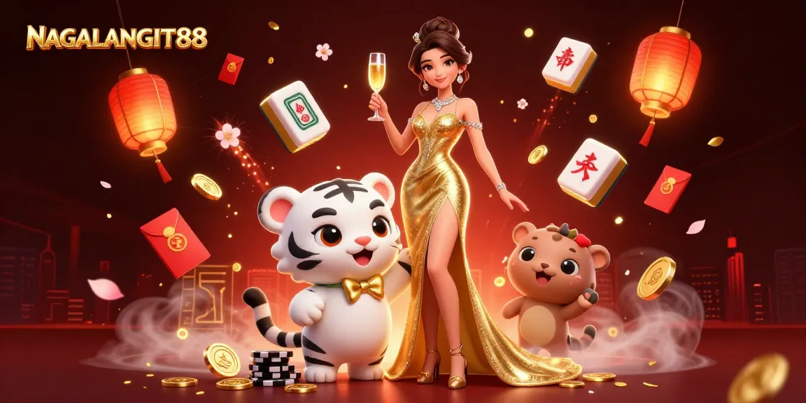 NAGALANGIT88 showcases an engaging scene of excitement with a glamorous woman and a lucky tiger amidst gaming excitement.