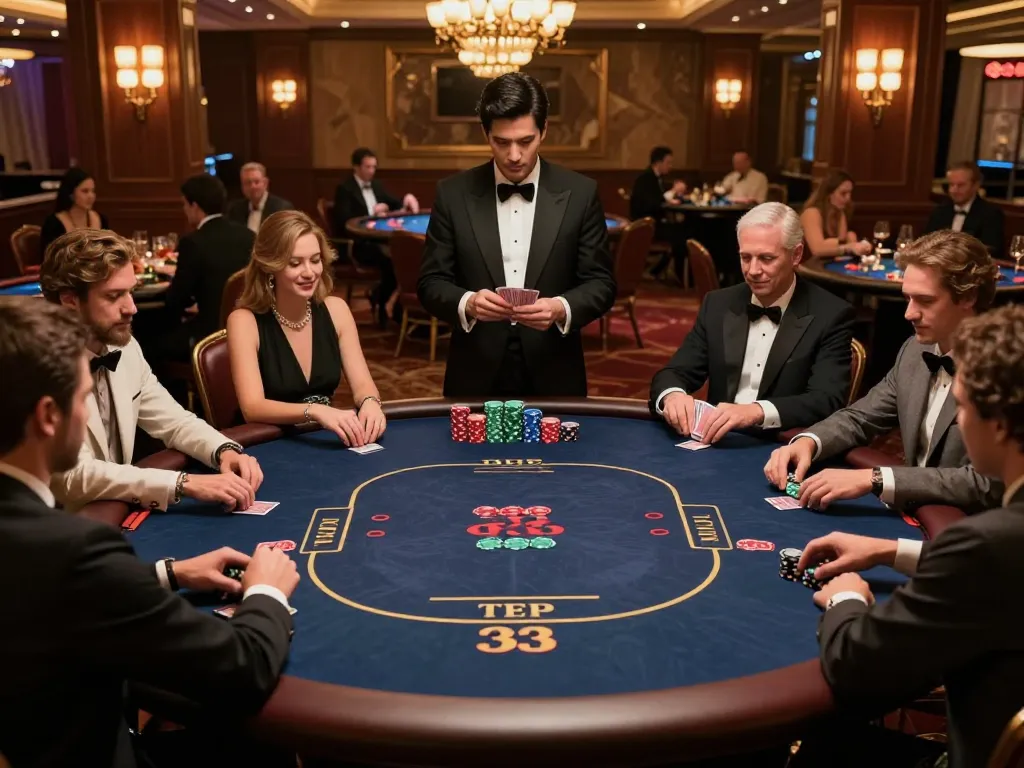 Players strategizing in a Texas Hold'em game at 33winwood casino, showcasing excitement and skill.