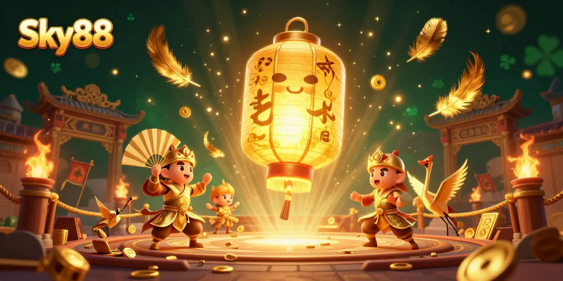 Engage with Sky88's vibrant online casino atmosphere, featuring a mystical lantern spirit and golden companions.