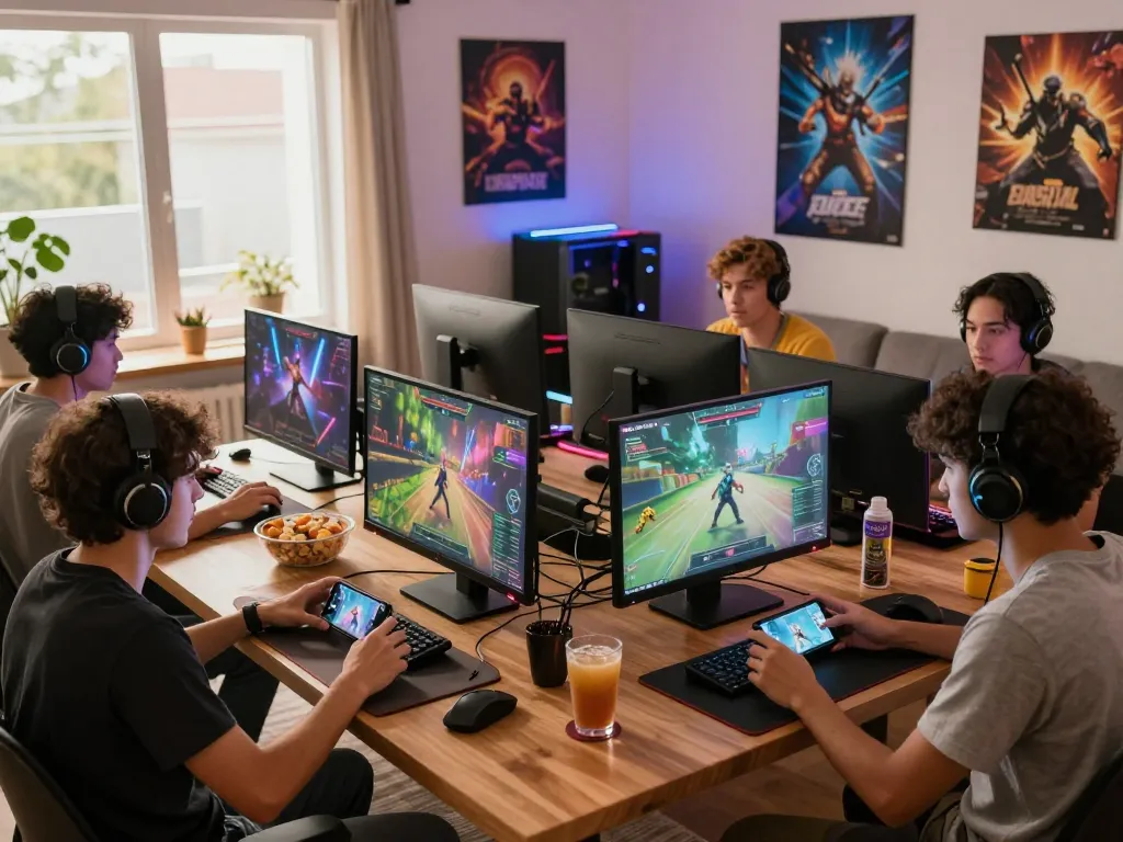 Engaged gamers enjoying go88 in a lively home setting with vibrant LED lights and snacks.