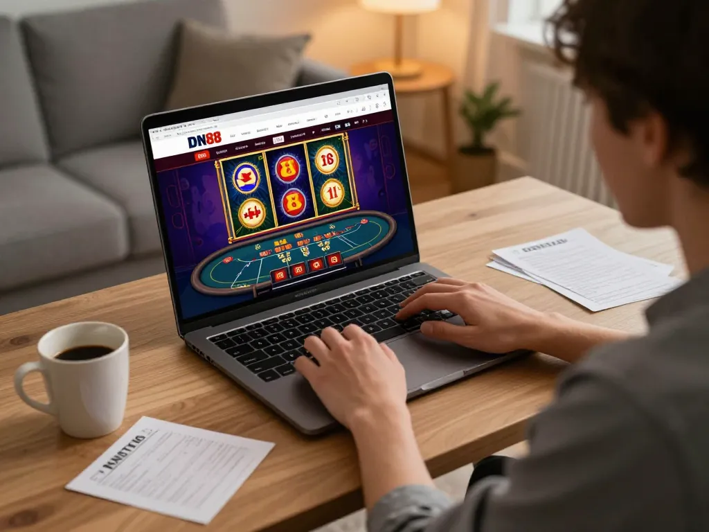 Player engaging with DN88 online casino interface on laptop, showcasing exciting gameplay.