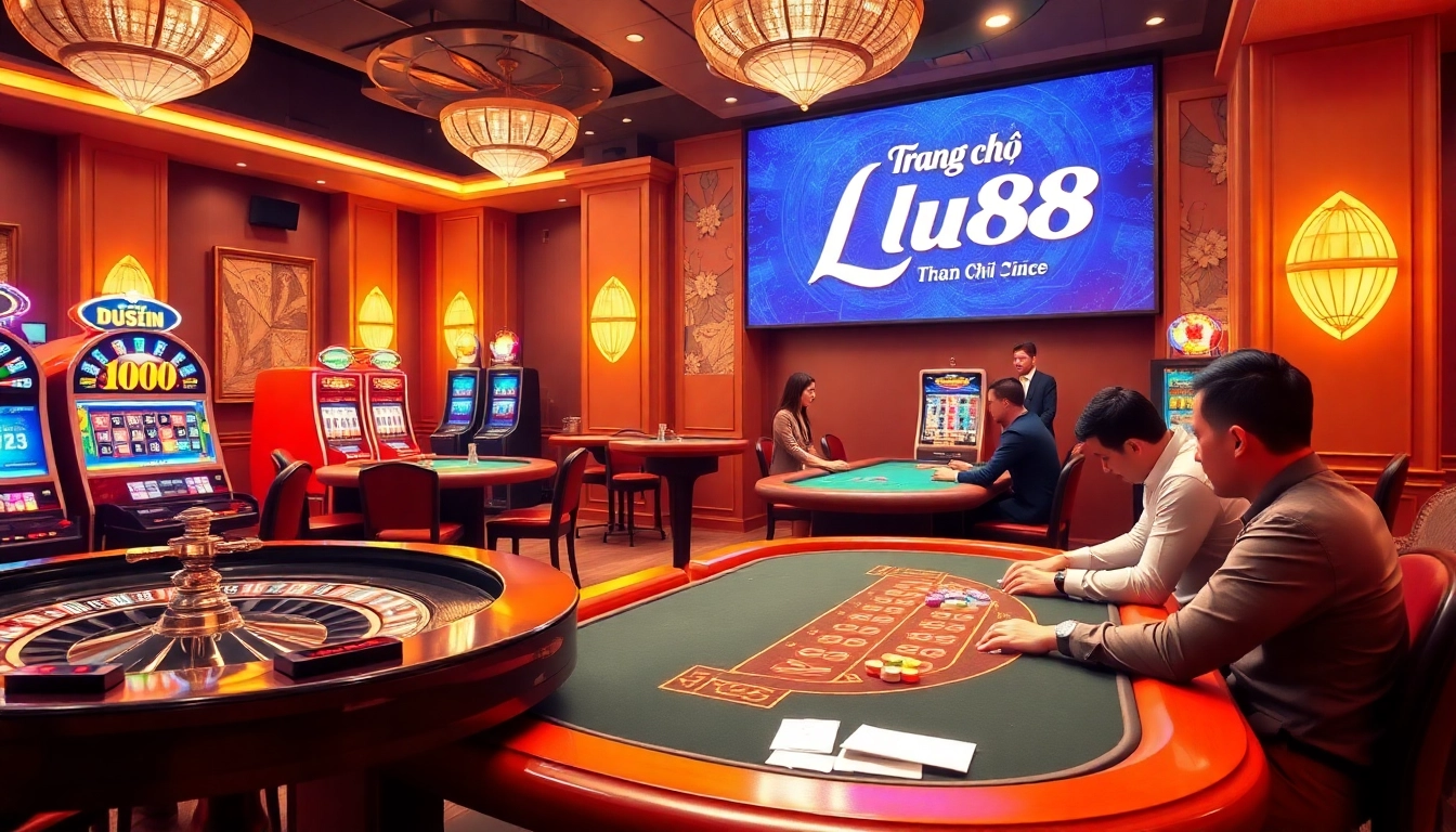 Exciting gambling action at Trang chủ Lu88 with casino tables and slot machines in a vibrant environment.