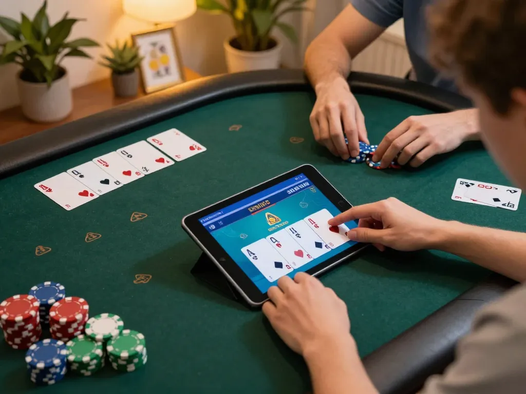 Players calculate bets while enjoying 3win's online poker game on a tablet in a cozy home