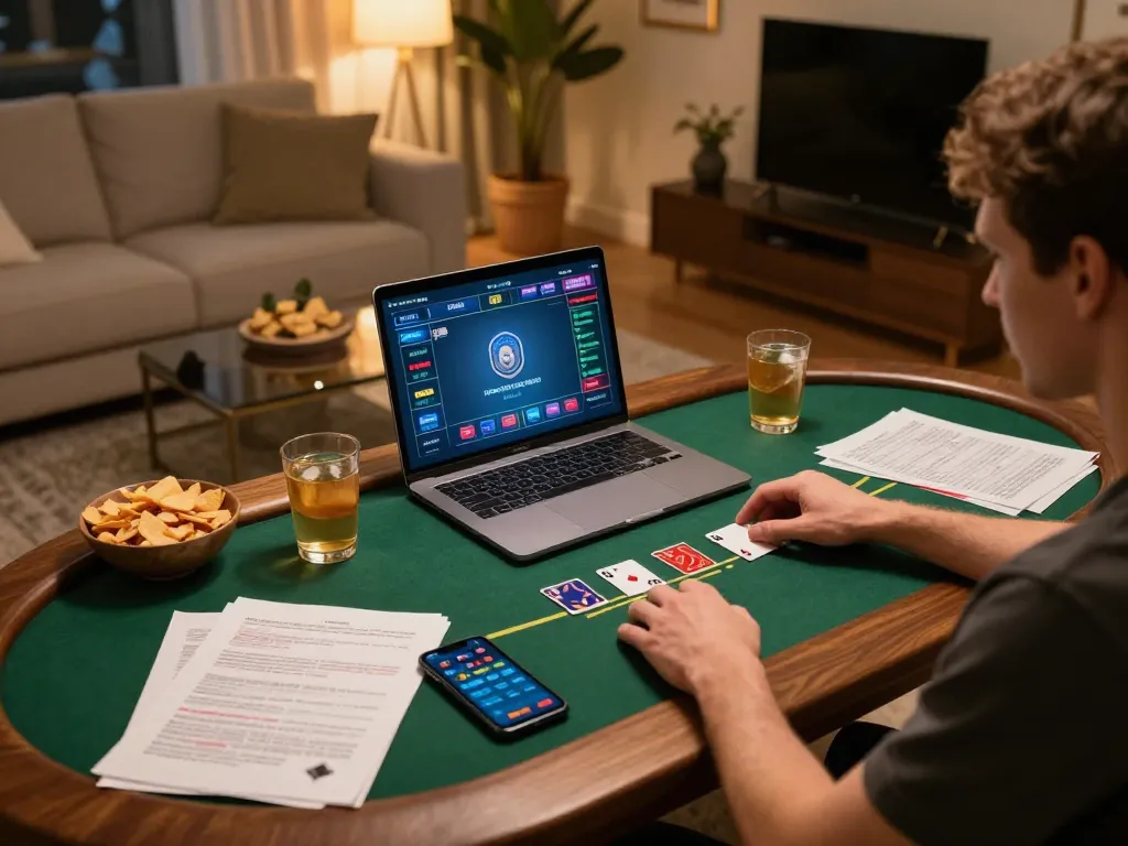 Playing poker online at home with 789WIN's interface, showcasing a cozy gaming setup