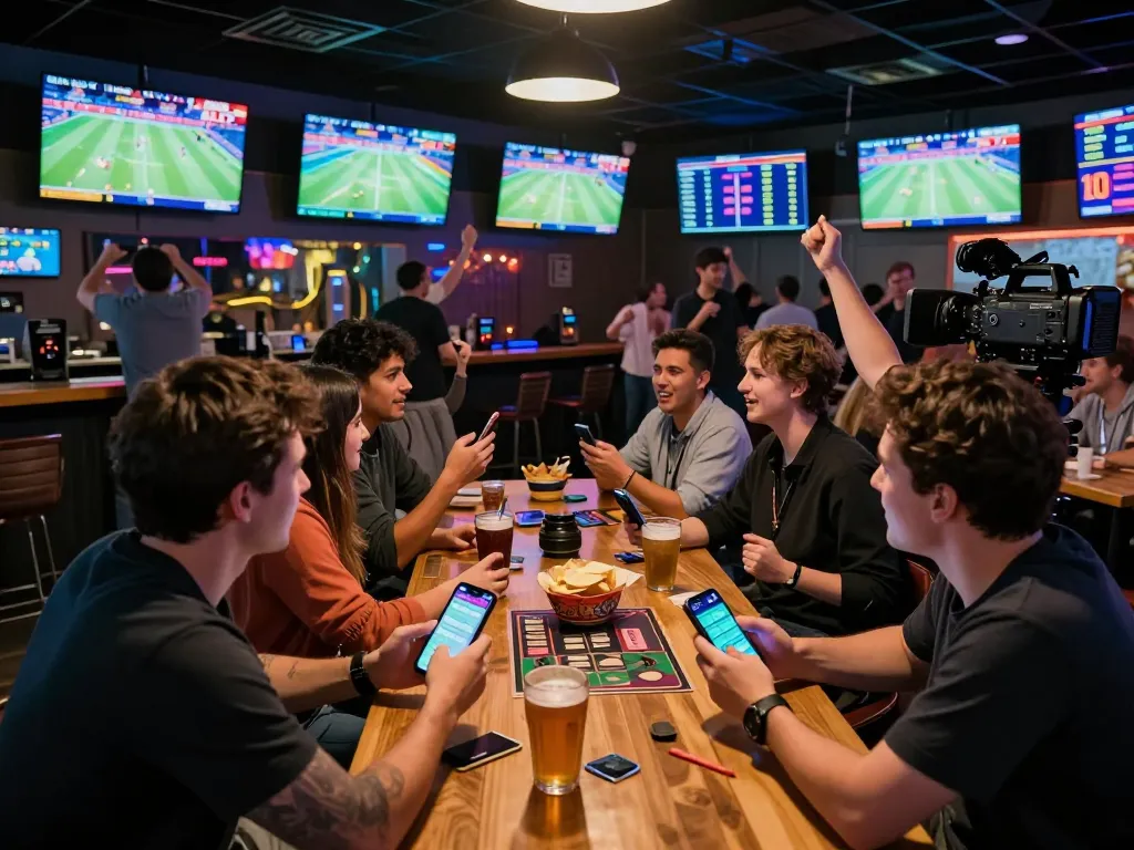 DA88 betting enthusiasts celebrating a win at a sports bar with screens displaying live matches.