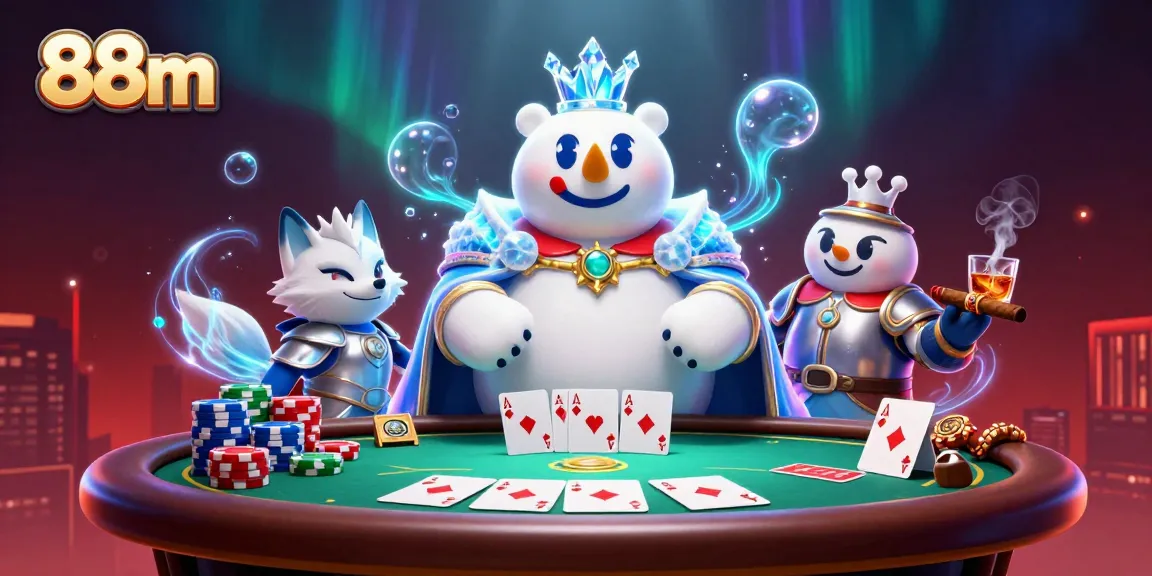Experience thrilling 88m gaming action with a polar bear king and fox amidst vibrant casino elements.