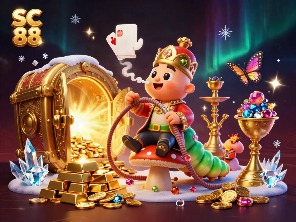 Experience the thrills at SC 88 with a vibrant casino atmosphere featuring a magical caterpillar and a golden treasure scene.