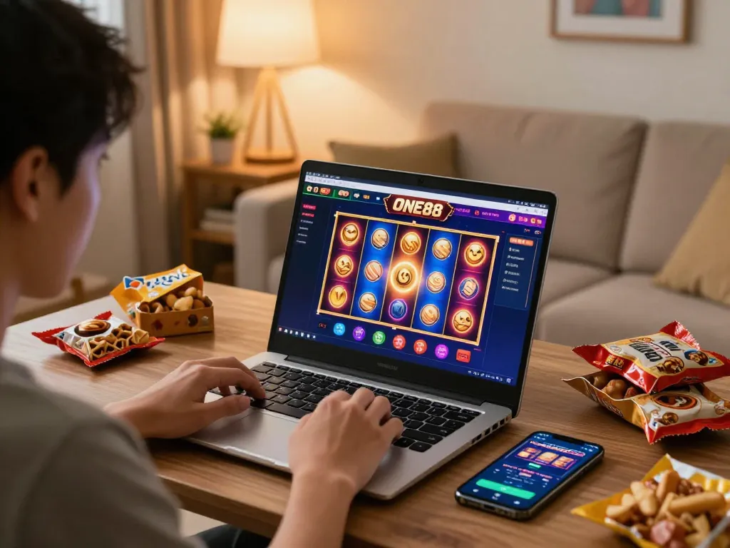 Engaging home scene with a player enjoying slots on ONE88, showcasing a cozy atmosphere and gaming focus.