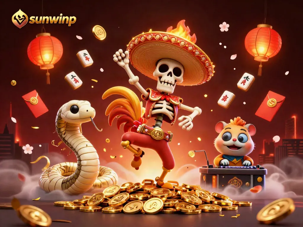 Experience thrilling gaming action with sunwinp in this vibrant, detailed digital art featuring a festive casino scene.