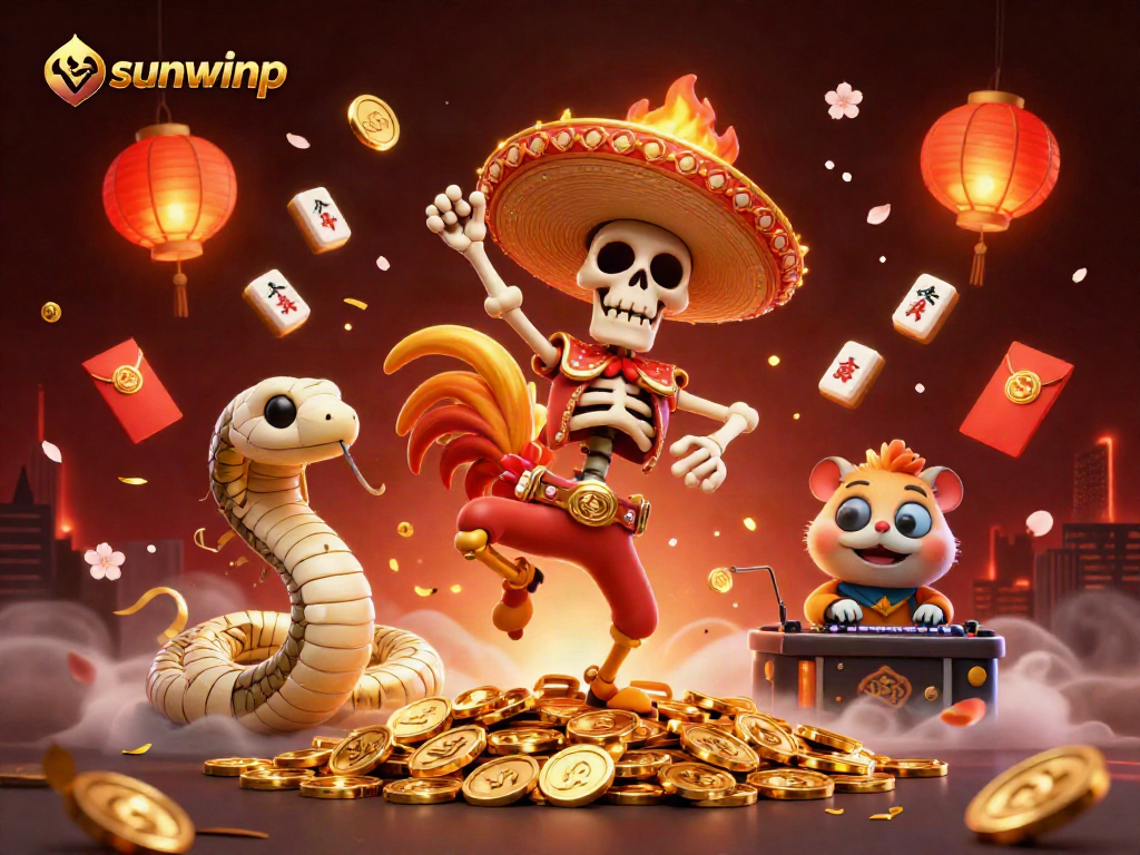 Experience thrilling gaming action with sunwinp in this vibrant, detailed digital art featuring a festive casino scene.