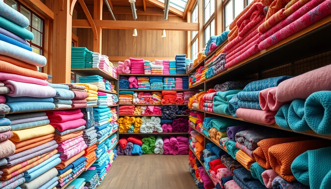 Koop fleece stof per meter met een breed assortiment aan kleuren en patronen in een sfeervolle winkel.