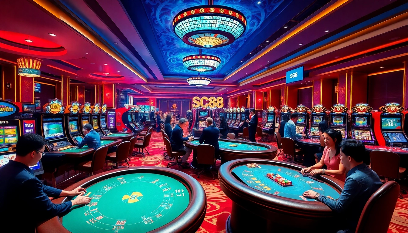 Exciting casino scene showcasing SC88 gaming with players at poker and roulette tables.