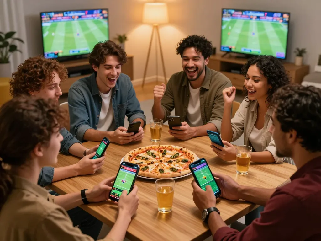 Friends enjoying live sports betting on xoilactv39 with excited reactions and mobile apps.