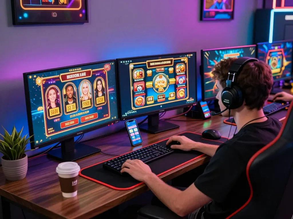 Exciting online gaming scene with a player engaged in Sunwin20 casino games on multiple monitors, showcasing a vibrant gaming atmosphere.