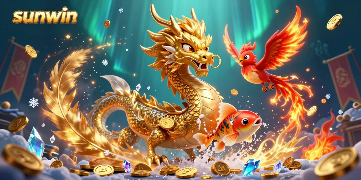 Engage with the vibrant sunwin casino experience featuring a dragon and phoenix amidst swirling coins.