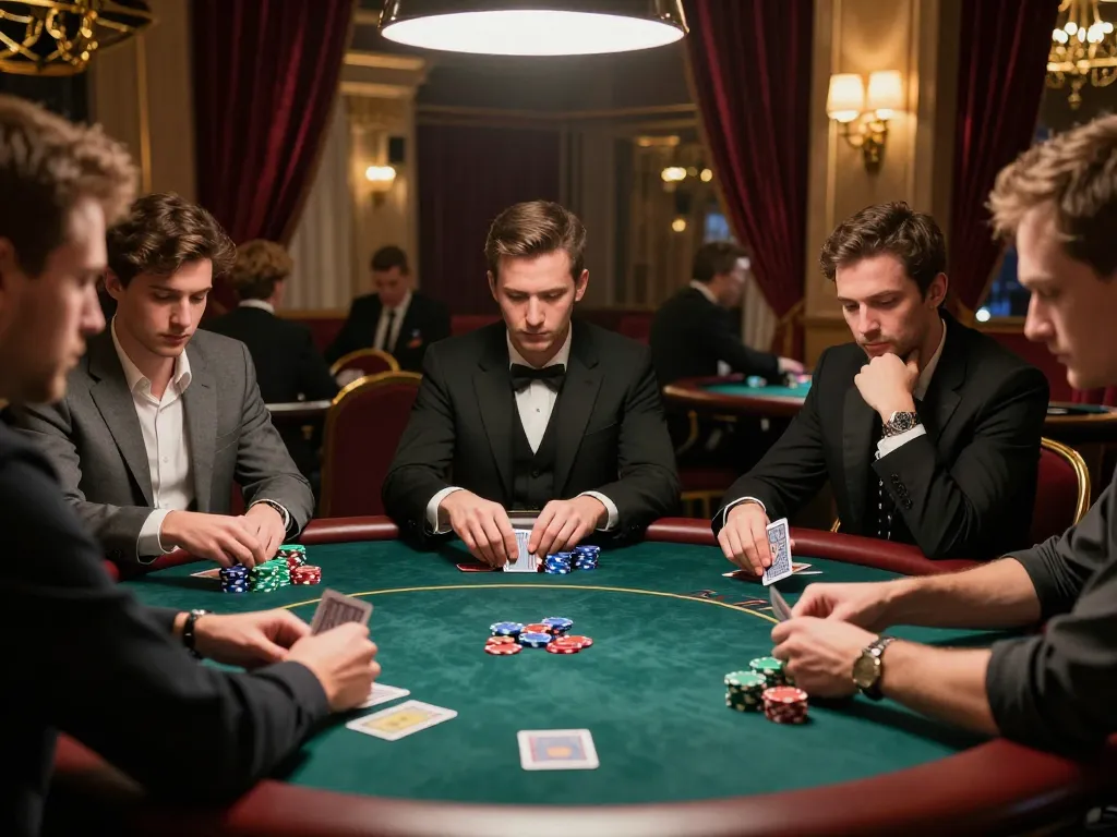 Players strategizing at the poker table in an upscale casino during XX88 tournament