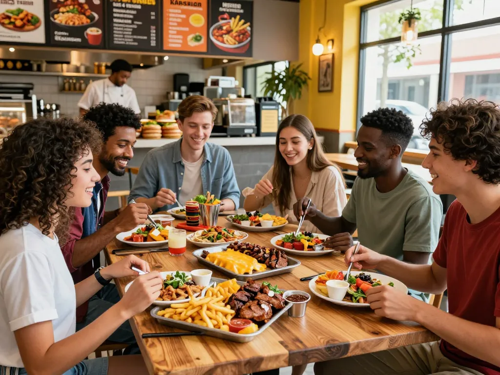 Vrienden genieten van een kapsalonmaaltijd in een levendig restaurant met kleurrijke trays friet en toppings