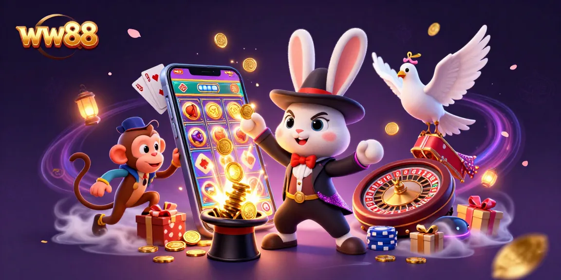 Experience the thrill of ww88 with a magician rabbit, glamorous dove, and monkey in a colorful casino scene.