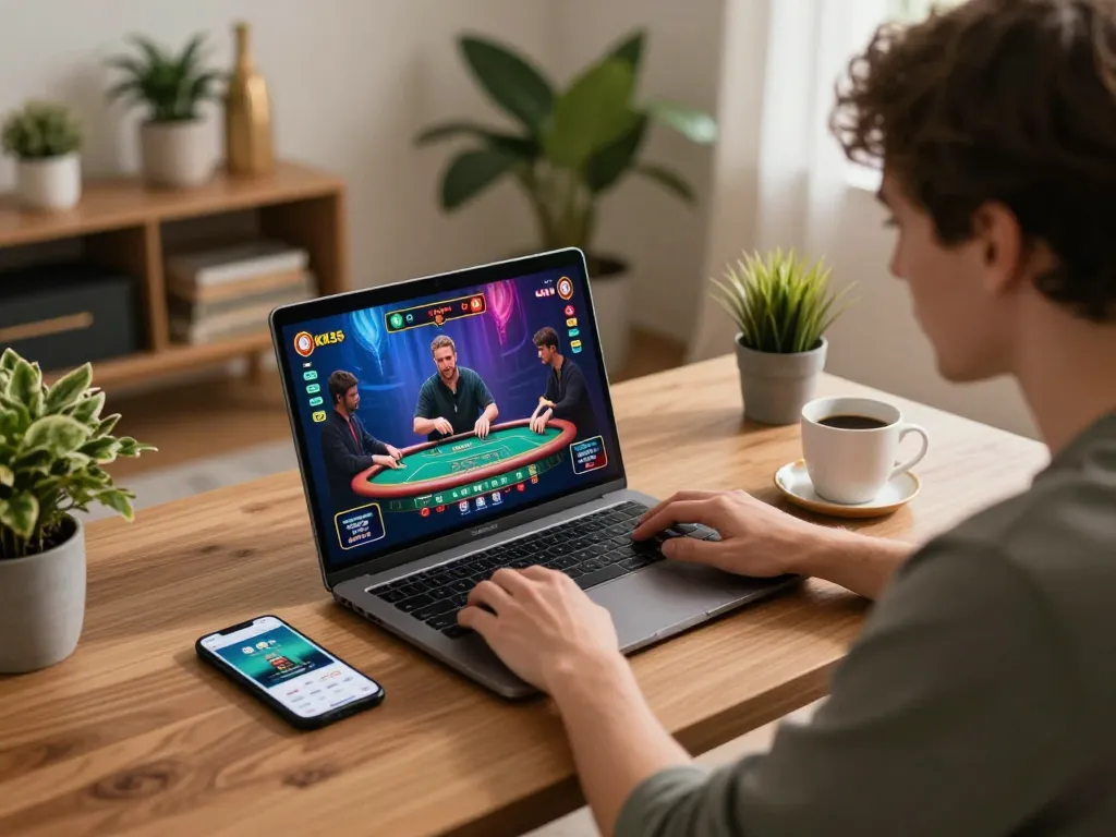 Player engaging in online gaming at KK55 with live dealer, showcasing a modern home gaming setup