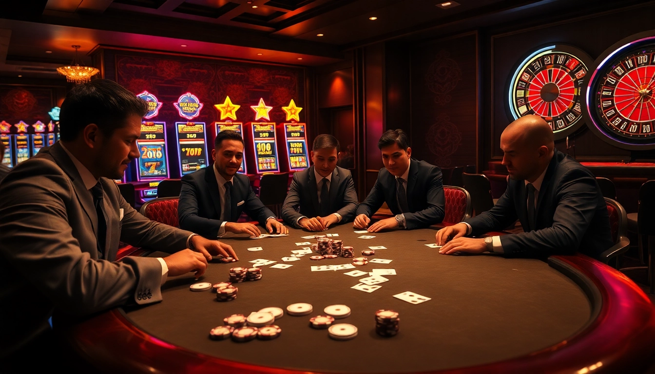 Experience the thrill of tỷ lệ trực tuyến 7m in a luxurious casino setting with poker players and dynamic tables.
