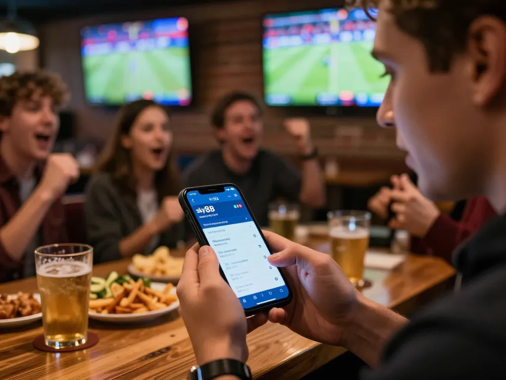 Sky88 đăng nhập for live sports betting excitement at a bustling sports bar with friends