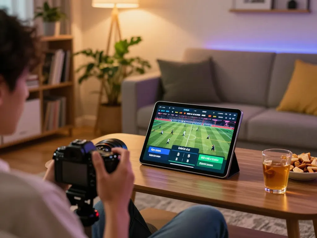 Player reviewing kèo nhà cái 5 on tablet during immersive sports betting session.